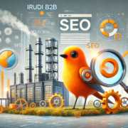 Ilustración digital del logotipo de Irudi B2B en tonos naranja, integrada en un concepto de SEO industrial