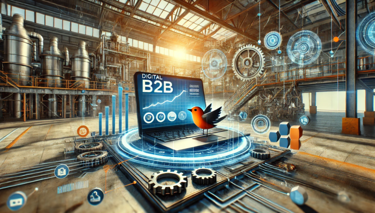Ilustración de un entorno industrial con engranajes y una laptop mostrando gráficos de marketing digital B2B. En primer plano, un pájaro naranja, símbolo de Irudi B2B, destaca sobre el teclado.