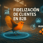 Ilustración digital apaisada con un pájaro naranja en movimiento sobre fondo industrial, rodeado de iconos holográficos y el texto ‘Fidelización de clientes en B2B’ junto al logotipo de IRUDI B2B.