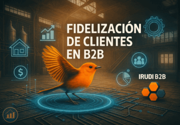 Ilustración digital apaisada con un pájaro naranja en movimiento sobre fondo industrial, rodeado de iconos holográficos y el texto ‘Fidelización de clientes en B2B’ junto al logotipo de IRUDI B2B.