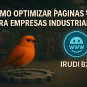 Ilustración de un pájaro naranja sobre un engranaje en un entorno industrial, junto al título 'Cómo optimizar páginas web para empresas industriales', el logotipo de IRUDI B2B y un icono de navegador web. Imagen diseñada para acompañar contenido sobre optimización web en el sector industrial B2B