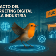 Impacto del marketing digital en la industria representado con un pájaro naranja en movimiento, fondo industrial y elementos visuales tipo holograma junto a la marca IRUDIB2B