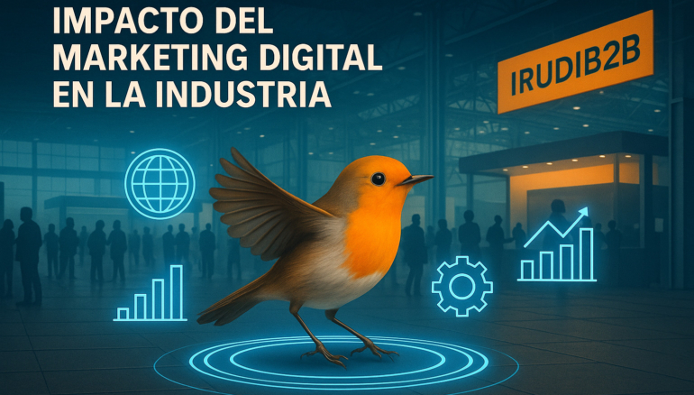 Impacto del marketing digital en la industria representado con un pájaro naranja en movimiento, fondo industrial y elementos visuales tipo holograma junto a la marca IRUDIB2B