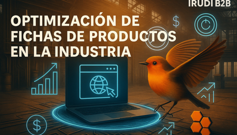Optimización de fichas de productos en la industria con pájaro naranja en movimiento, fondo de almacén industrial e iconografía digital junto a la marca IRUDIB2B.