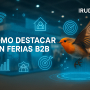 Imagen apaisada con un pájaro naranja volando frente a un stand en una feria industrial, con estilo holográfico y el texto Cómo destacar en ferias B2B junto a la marca IRUDIB2B