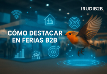 Imagen apaisada con un pájaro naranja volando frente a un stand en una feria industrial, con estilo holográfico y el texto Cómo destacar en ferias B2B junto a la marca IRUDIB2B