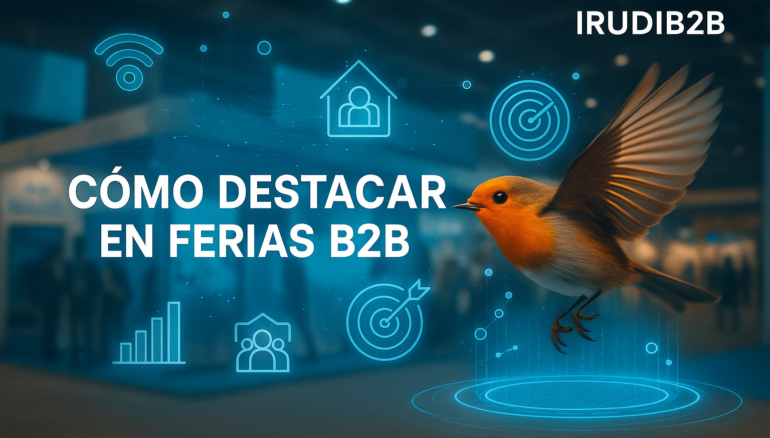 Imagen apaisada con un pájaro naranja volando frente a un stand en una feria industrial, con estilo holográfico y el texto Cómo destacar en ferias B2B junto a la marca IRUDIB2B