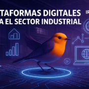 Imagen apaisada con un pájaro naranja en movimiento sobre un fondo industrial, elementos holográficos y el texto 'Plataformas digitales para el sector industrial' junto a la marca IRUDIB2B.