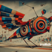 Marketing en motores de búsqueda B2B representado con un pájaro mecánico en movimiento, estilo industrial futurista y marca IrudiB2B
