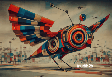 Marketing en motores de búsqueda B2B representado con un pájaro mecánico en movimiento, estilo industrial futurista y marca IrudiB2B