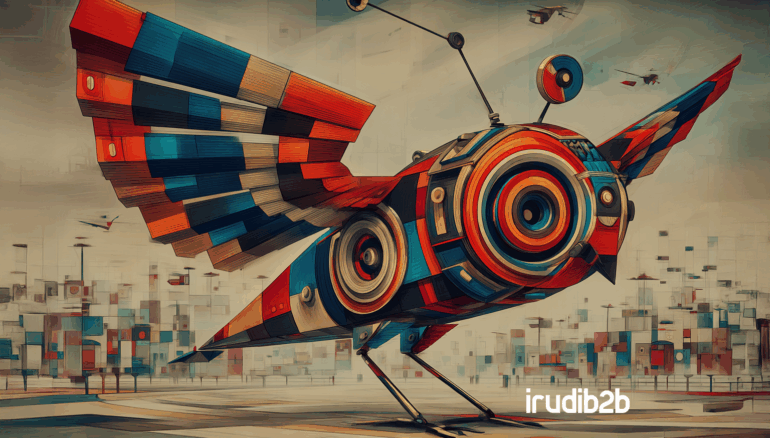 Marketing en motores de búsqueda B2B representado con un pájaro mecánico en movimiento, estilo industrial futurista y marca IrudiB2B