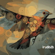 Ilustración digital de un pájaro naranja con engranajes, representando innovación y casos de éxito en la industria, estilo corporativo de IrudiB2B.