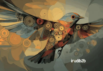 Ilustración digital de un pájaro naranja con engranajes, representando innovación y casos de éxito en la industria, estilo corporativo de IrudiB2B.