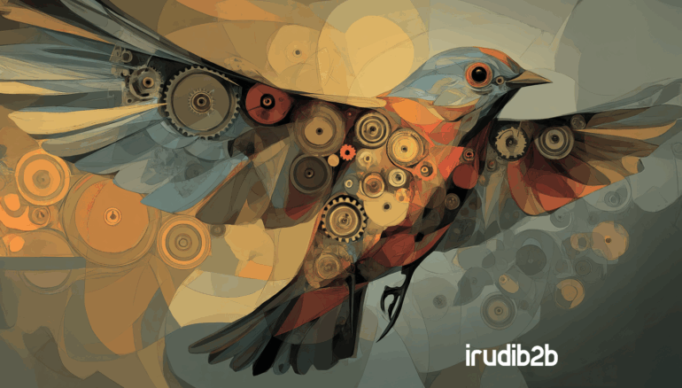 Ilustración digital de un pájaro naranja con engranajes, representando innovación y casos de éxito en la industria, estilo corporativo de IrudiB2B.