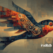 Optimizar campañas digitales en la industria representado con un pájaro mecánico en movimiento, engranajes visibles y estilo industrial, junto a la marca IrudiB2B