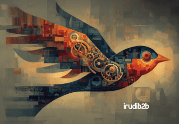 Optimizar campañas digitales en la industria representado con un pájaro mecánico en movimiento, engranajes visibles y estilo industrial, junto a la marca IrudiB2B