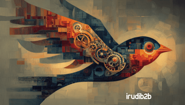 Optimizar campañas digitales en la industria representado con un pájaro mecánico en movimiento, engranajes visibles y estilo industrial, junto a la marca IrudiB2B