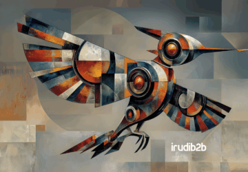 Ilustración digital de estilo industrial con un pájaro naranja —símbolo de IrudiB2B— rodeado de gráficos, engranajes y elementos visuales relacionados con el marketing B2B. Fondo de fábrica o entorno tecnológico que refuerza el mensaje del artículo.