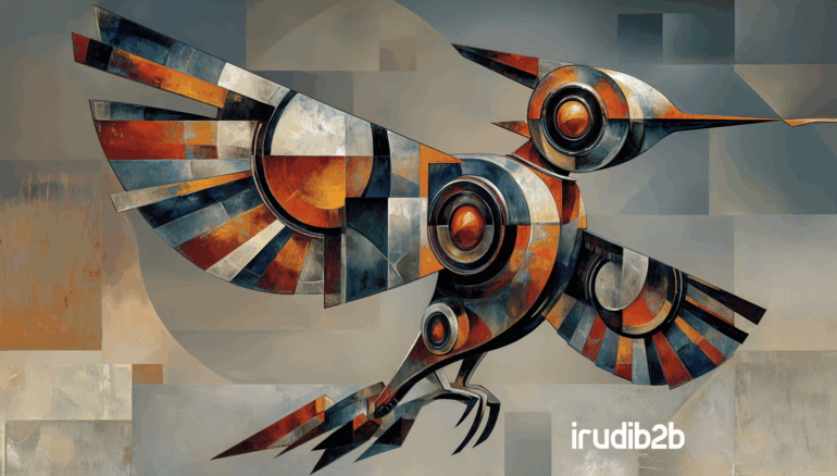 Ilustración digital de estilo industrial con un pájaro naranja —símbolo de IrudiB2B— rodeado de gráficos, engranajes y elementos visuales relacionados con el marketing B2B. Fondo de fábrica o entorno tecnológico que refuerza el mensaje del artículo.