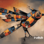 Ilustración digital con estética industrial donde aparece un pájaro naranja —símbolo de IrudiB2B— junto a gráficos de datos, iconos de automatización y contenido técnico. Representa una estrategia de inbound marketing en la industria orientada a captar leads cualificados.