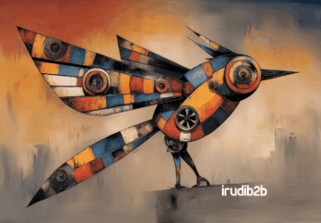 Ilustración digital con estética industrial donde aparece un pájaro naranja —símbolo de IrudiB2B— junto a gráficos de datos, iconos de automatización y contenido técnico. Representa una estrategia de inbound marketing en la industria orientada a captar leads cualificados.
