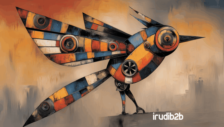 Ilustración digital con estética industrial donde aparece un pájaro naranja —símbolo de IrudiB2B— junto a gráficos de datos, iconos de automatización y contenido técnico. Representa una estrategia de inbound marketing en la industria orientada a captar leads cualificados.