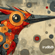 lustración abstracta de un pájaro mecánico en tonos rojos, naranjas y grises, con engranajes y piezas industriales que simbolizan la planificación y precisión del presupuesto en marketing B2B. Aparece el logotipo de irudib2b en la parte inferior derecha.