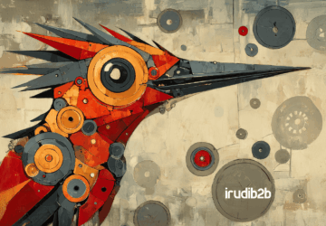 lustración abstracta de un pájaro mecánico en tonos rojos, naranjas y grises, con engranajes y piezas industriales que simbolizan la planificación y precisión del presupuesto en marketing B2B. Aparece el logotipo de irudib2b en la parte inferior derecha.