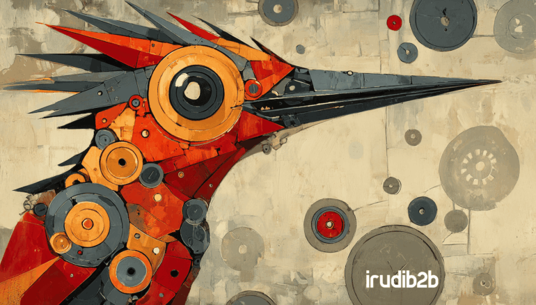 lustración abstracta de un pájaro mecánico en tonos rojos, naranjas y grises, con engranajes y piezas industriales que simbolizan la planificación y precisión del presupuesto en marketing B2B. Aparece el logotipo de irudib2b en la parte inferior derecha.