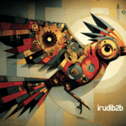 Ilustración industrial con un pájaro naranja representando a IrudiB2B, rodeado de gráficos circulares, barras de datos y engranajes. Simboliza el uso del análisis de datos en marketing B2B para tomar decisiones basadas en métricas y mejorar el rendimiento.