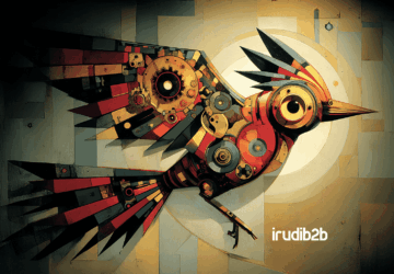 Ilustración industrial con un pájaro naranja representando a IrudiB2B, rodeado de gráficos circulares, barras de datos y engranajes. Simboliza el uso del análisis de datos en marketing B2B para tomar decisiones basadas en métricas y mejorar el rendimiento.