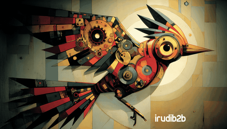 Ilustración industrial con un pájaro naranja representando a IrudiB2B, rodeado de gráficos circulares, barras de datos y engranajes. Simboliza el uso del análisis de datos en marketing B2B para tomar decisiones basadas en métricas y mejorar el rendimiento.