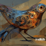 Ilustración con estilo industrial donde aparece el pájaro naranja de IrudiB2B rodeado de iconos de Google Ads, gráficos de rendimiento y circuitos de inteligencia artificial. Representa la evolución del marketing B2B con las nuevas funciones automatizadas de Google Ads impulsadas por IA.