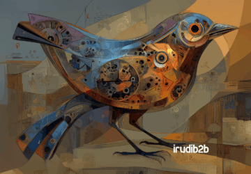 Ilustración con estilo industrial donde aparece el pájaro naranja de IrudiB2B rodeado de iconos de Google Ads, gráficos de rendimiento y circuitos de inteligencia artificial. Representa la evolución del marketing B2B con las nuevas funciones automatizadas de Google Ads impulsadas por IA.