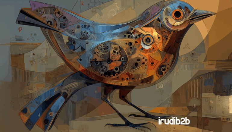 Ilustración con estilo industrial donde aparece el pájaro naranja de IrudiB2B rodeado de iconos de Google Ads, gráficos de rendimiento y circuitos de inteligencia artificial. Representa la evolución del marketing B2B con las nuevas funciones automatizadas de Google Ads impulsadas por IA.