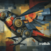 Ilustración industrial con el pájaro naranja de IrudiB2B en primer plano, rodeado de iconos de redes sociales y engranajes. Representa la integración estratégica de redes