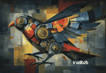 Ilustración industrial con el pájaro naranja de IrudiB2B en primer plano, rodeado de iconos de redes sociales y engranajes. Representa la integración estratégica de redes