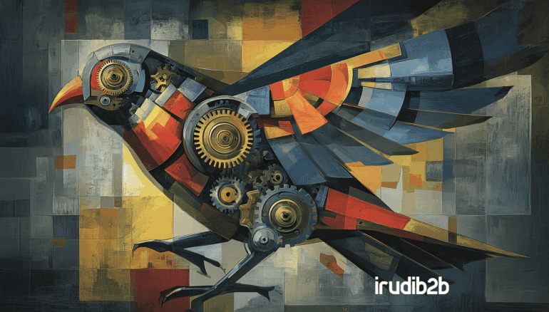 Ilustración industrial con el pájaro naranja de IrudiB2B en primer plano, rodeado de iconos de redes sociales y engranajes. Representa la integración estratégica de redes